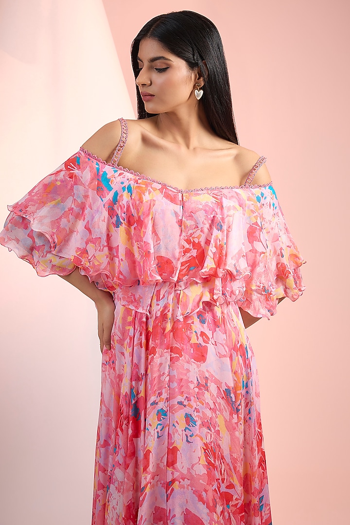 Pink Chiffon Printed Off-Shoulder Flared Maxi Vacation Dress by Mandira Wirk - Resort at Pernia's Pop Up Shop