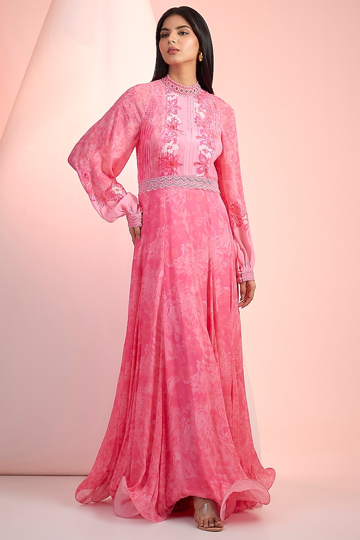 Pink Chiffon Printed Maxi Cocktail Dress by Mandira Wirk - Resort at Pernia's Pop Up Shop