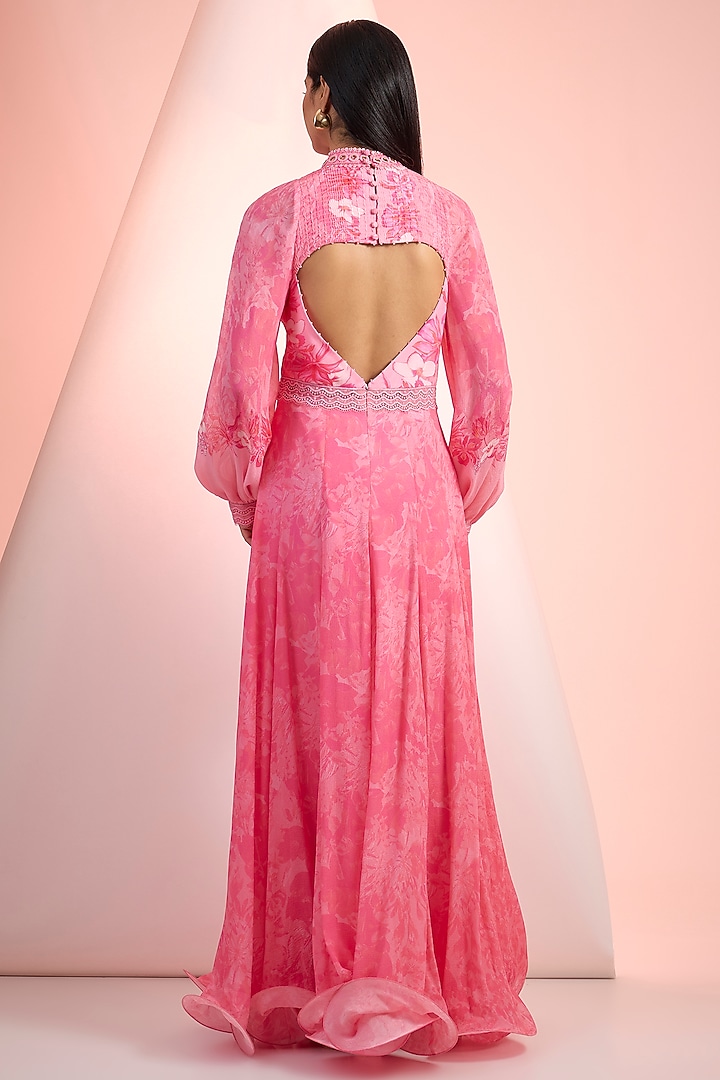 Pink Chiffon Printed Maxi Cocktail Dress by Mandira Wirk - Resort at Pernia's Pop Up Shop