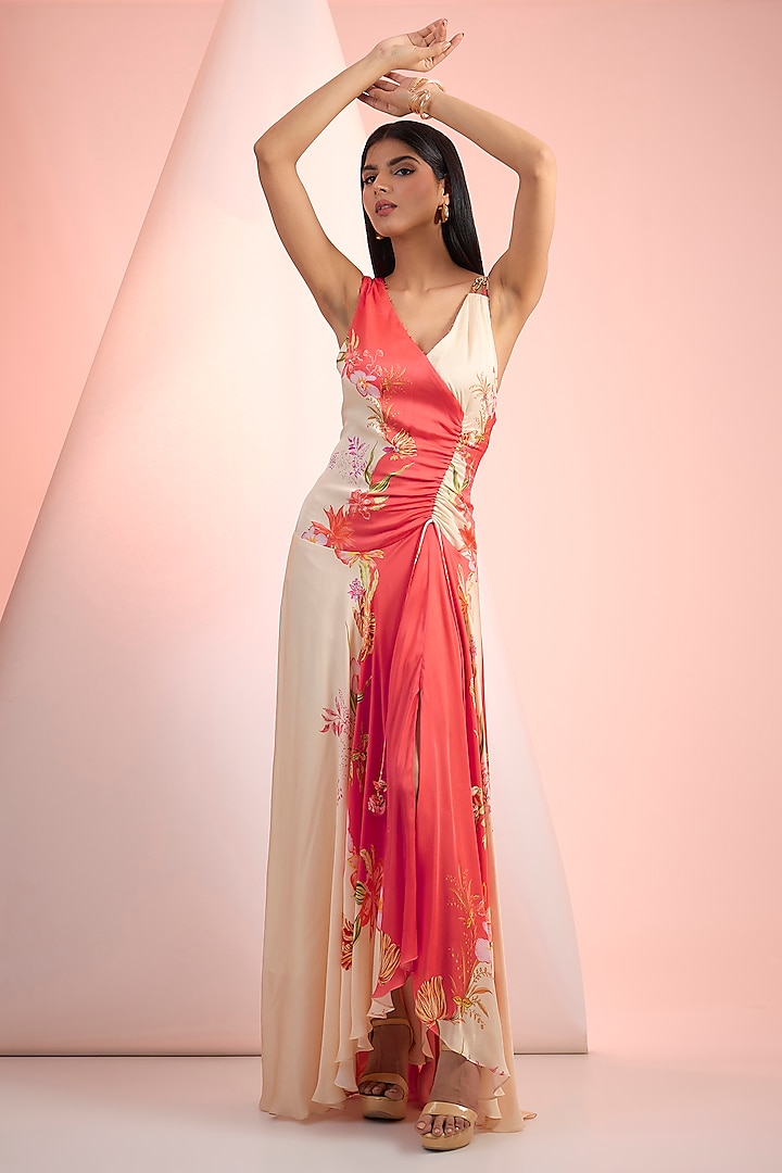 Beige & Red Crepe Printed Maxi Vacation Dress by Mandira Wirk - Resort at Pernia's Pop Up Shop