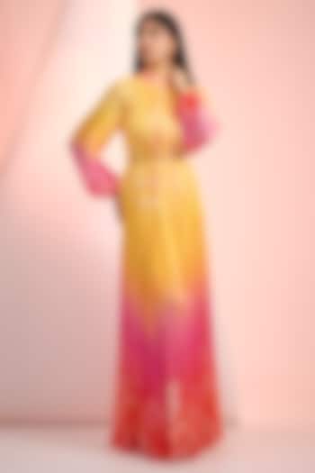Yellow & Pink Chiffon Printed Maxi Vacation Dress With Belt by Mandira Wirk - Resort at Pernia's Pop Up Shop