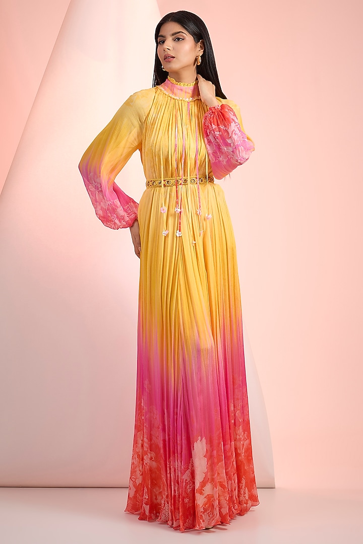 Yellow & Pink Chiffon Printed Maxi Vacation Dress With Belt by Mandira Wirk - Resort at Pernia's Pop Up Shop