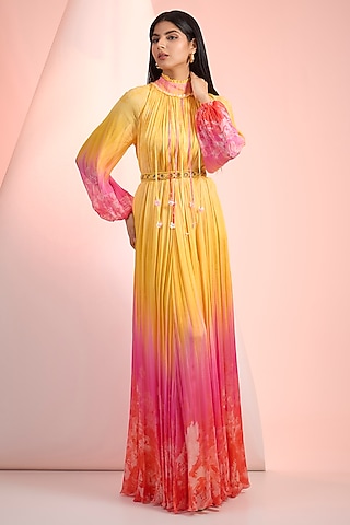 Yellow & Pink Chiffon Printed Maxi Dress With Belt by Mandira Wirk - Resort