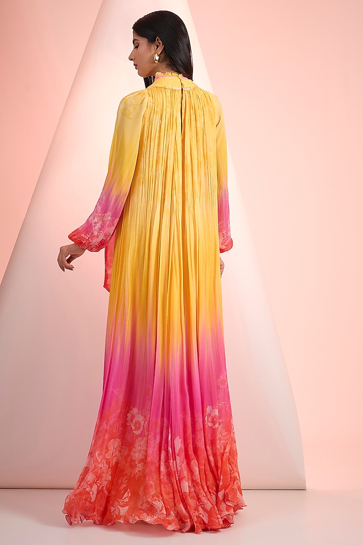 Yellow & Pink Chiffon Printed Maxi Vacation Dress With Belt by Mandira Wirk - Resort at Pernia's Pop Up Shop