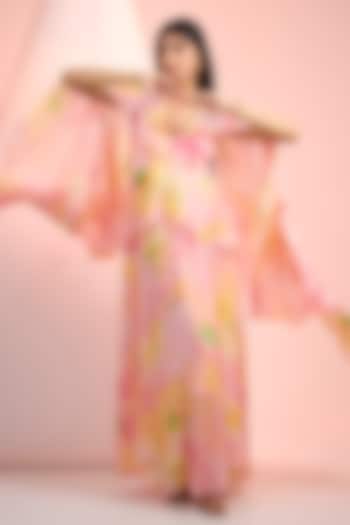 Peach & Pink Chiffon Printed Maxi Cocktail Dress by Mandira Wirk - Resort at Pernia's Pop Up Shop