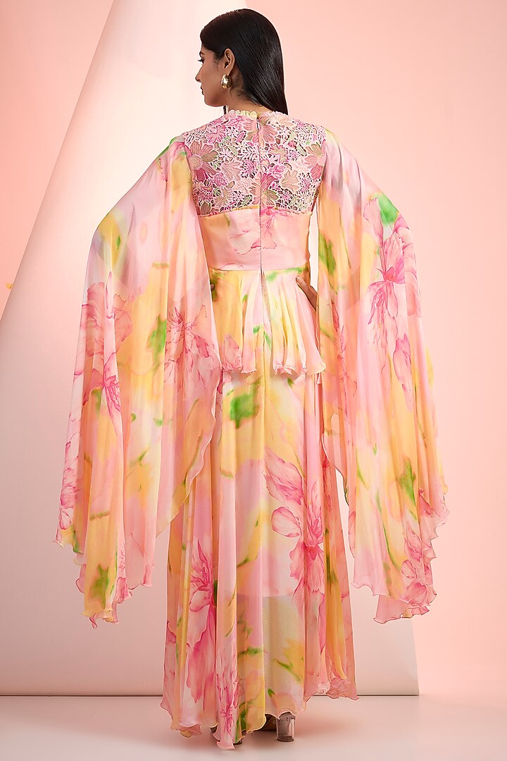 Peach & Pink Chiffon Printed Maxi Cocktail Dress by Mandira Wirk - Resort at Pernia's Pop Up Shop