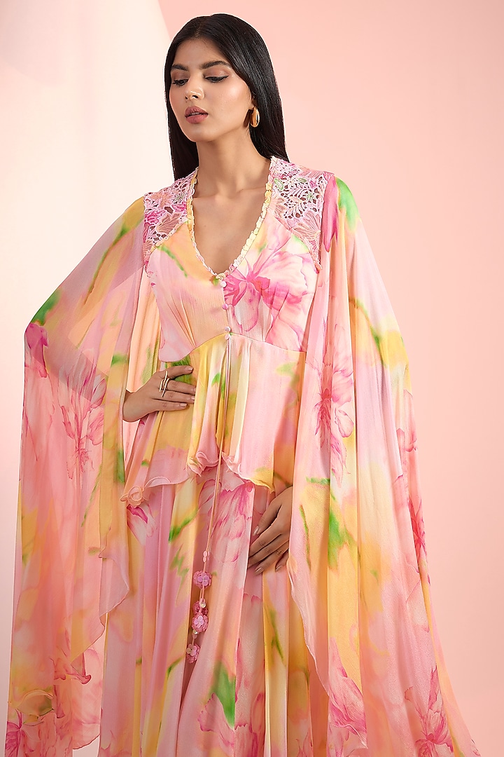 Peach & Pink Chiffon Printed Maxi Cocktail Dress by Mandira Wirk - Resort at Pernia's Pop Up Shop