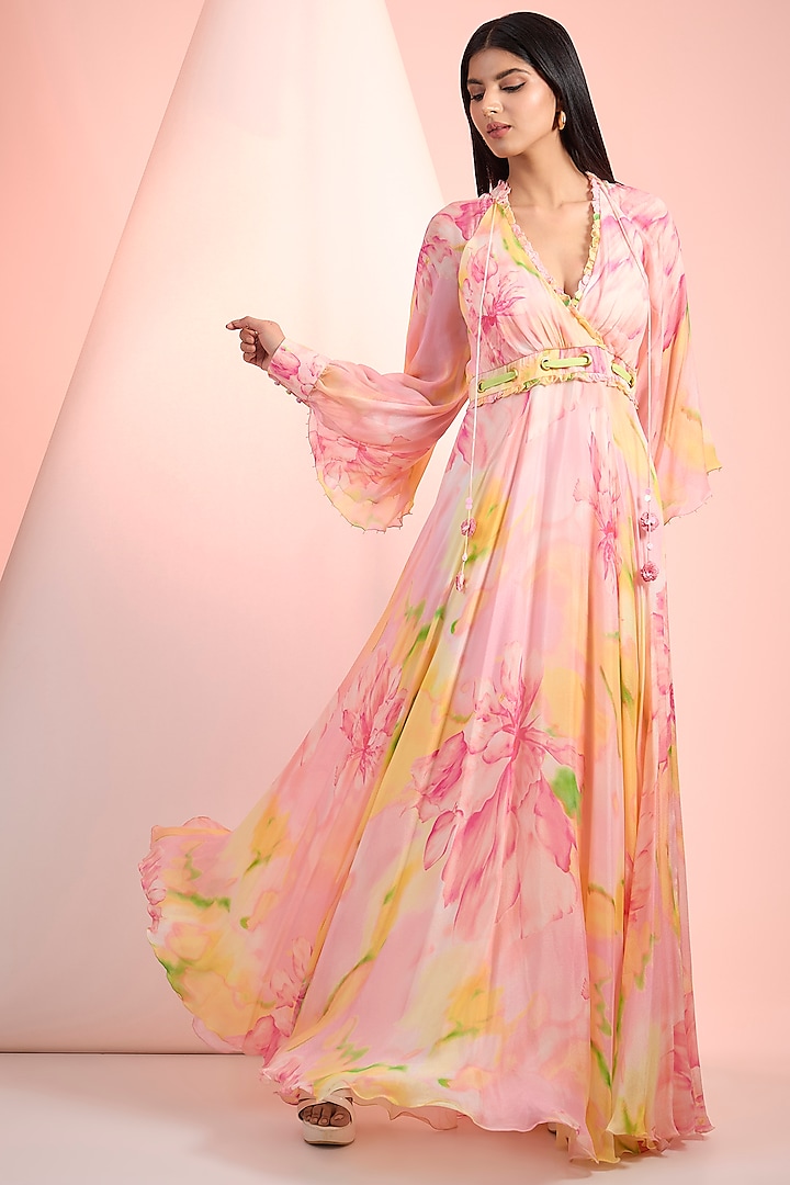 Pink Chiffon Printed Maxi Vacation Dress by Mandira Wirk - Resort at Pernia's Pop Up Shop