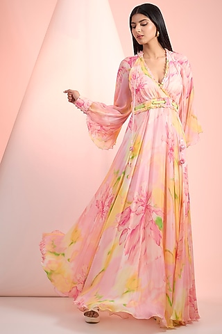 Pink Chiffon Printed Maxi Dress by Mandira Wirk - Resort