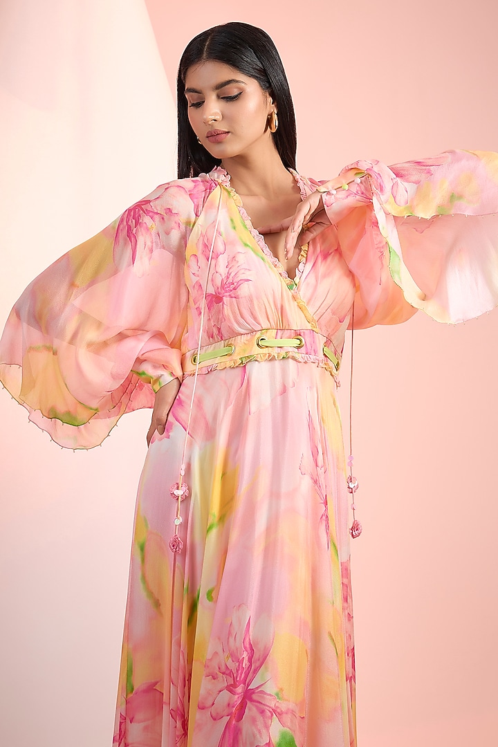 Pink Chiffon Printed Maxi Vacation Dress by Mandira Wirk - Resort at Pernia's Pop Up Shop