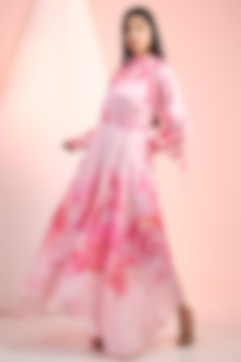 Pink Satin Printed Asymmetric Cocktail Dress by Mandira Wirk - Resort at Pernia's Pop Up Shop