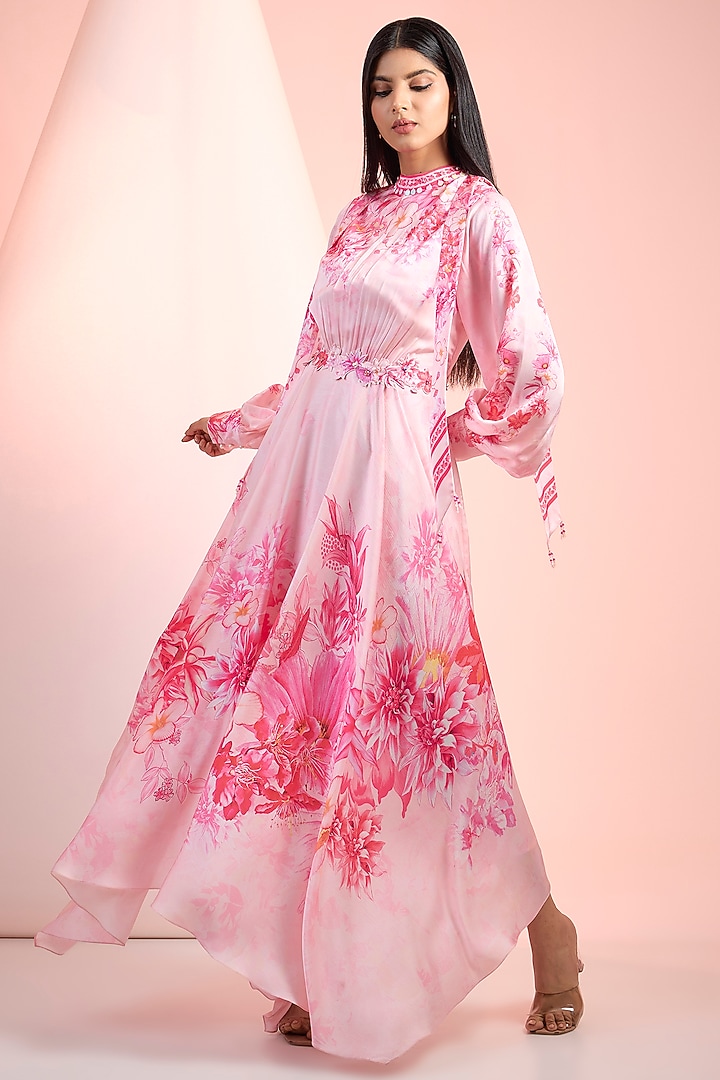 Pink Satin Printed Asymmetric Cocktail Dress by Mandira Wirk - Resort at Pernia's Pop Up Shop