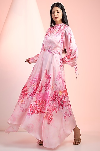 Pink Satin Printed Asymmetric Dress by Mandira Wirk - Resort