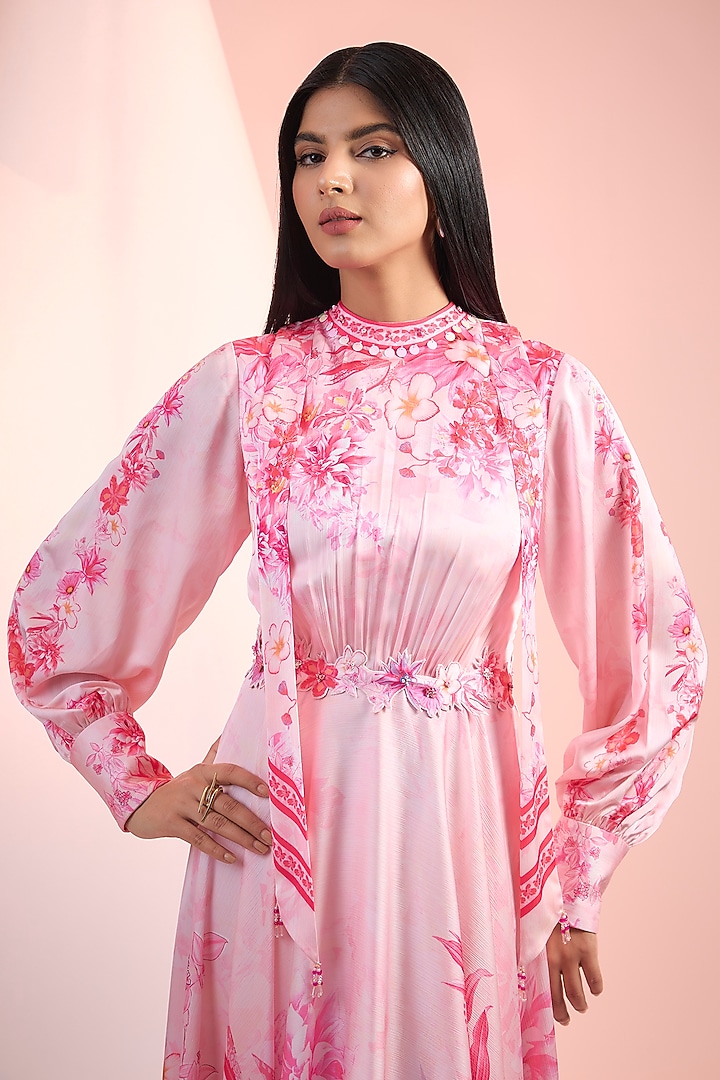 Pink Satin Printed Asymmetric Cocktail Dress by Mandira Wirk - Resort at Pernia's Pop Up Shop