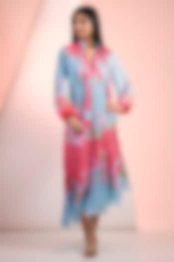 Blue & Pink Satin Printed Midi Vacation Dress by Mandira Wirk - Resort at Pernia's Pop Up Shop