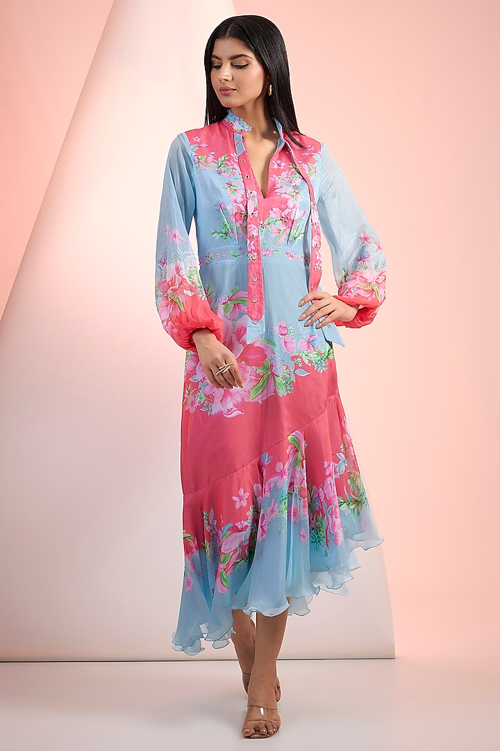 Blue & Pink Satin Printed Midi Vacation Dress by Mandira Wirk - Resort at Pernia's Pop Up Shop