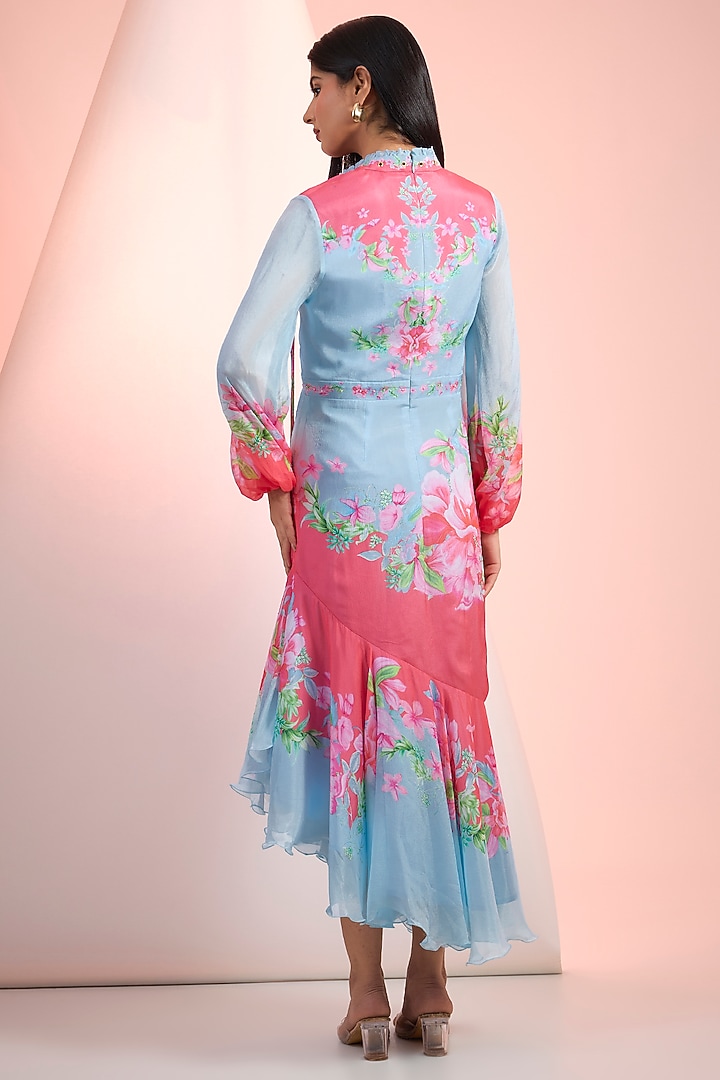 Blue & Pink Satin Printed Midi Vacation Dress by Mandira Wirk - Resort at Pernia's Pop Up Shop
