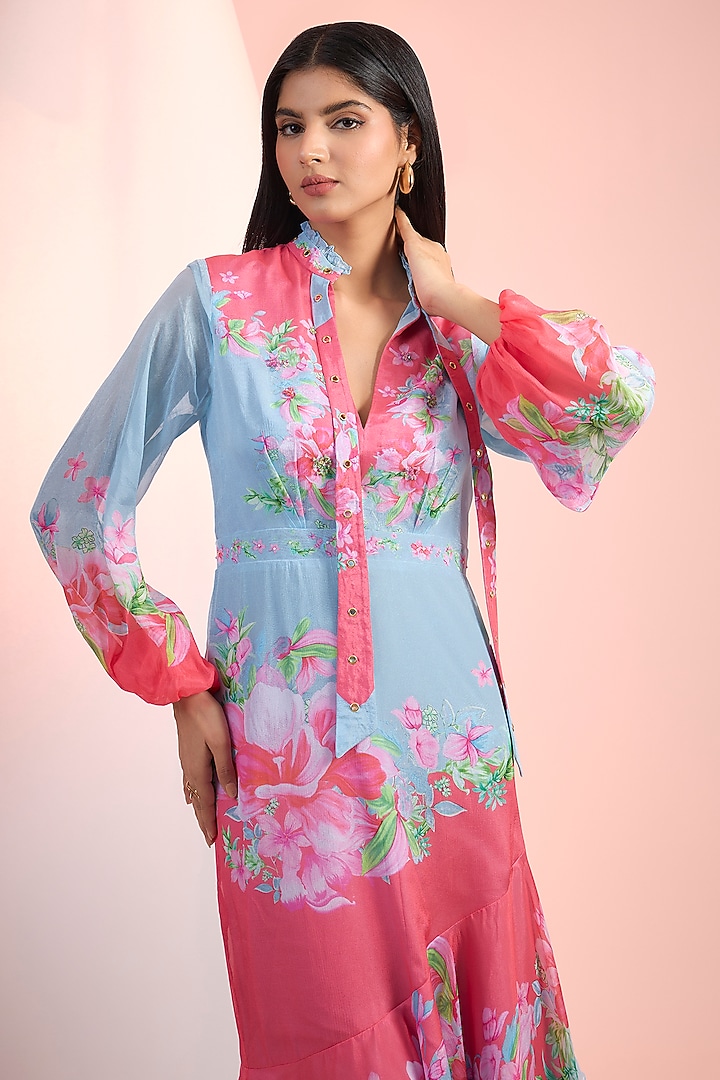 Blue & Pink Satin Printed Midi Vacation Dress by Mandira Wirk - Resort at Pernia's Pop Up Shop