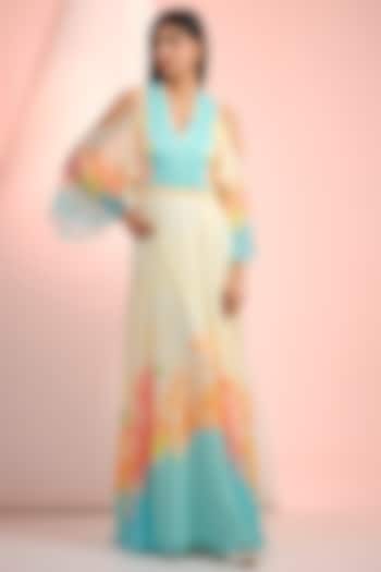 Sky Blue & Beige Chiffon Printed Maxi Vacation Dress by Mandira Wirk - Resort at Pernia's Pop Up Shop