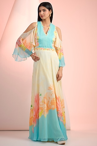 Sky Blue & Beige Chiffon Printed Maxi Dress by Mandira Wirk - Resort