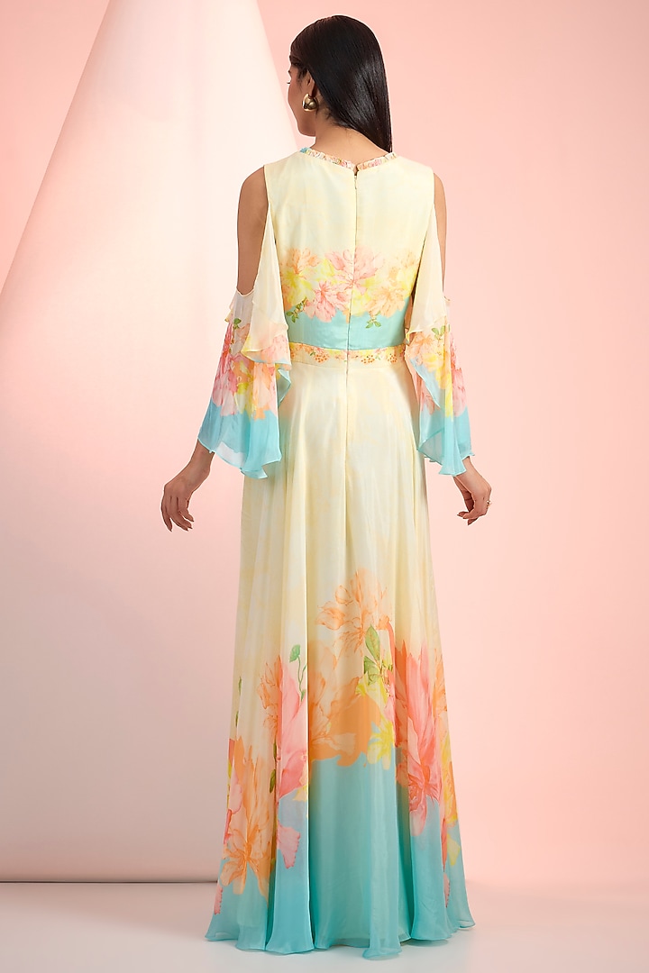 Sky Blue & Beige Chiffon Printed Maxi Vacation Dress by Mandira Wirk - Resort at Pernia's Pop Up Shop