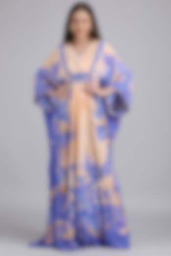 Ivory & Purple Viscose Crepe Floral Embroidered Kaftan by Mandira Wirk - Resort at Pernia's Pop Up Shop