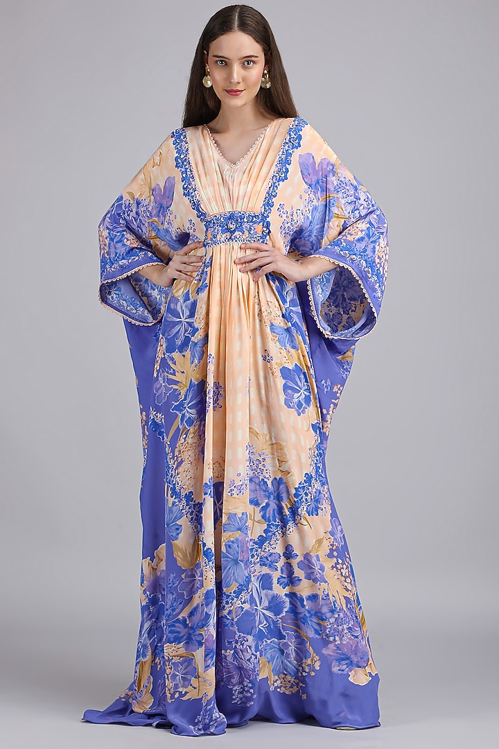 Ivory & Purple Viscose Crepe Floral Embroidered Kaftan by Mandira Wirk - Resort at Pernia's Pop Up Shop