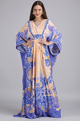 Ivory & Purple Viscose Crepe Floral Embroidered Kaftan by Mandira Wirk - Resort