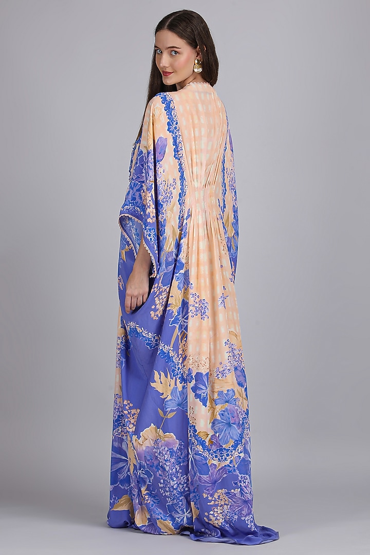 Ivory & Purple Viscose Crepe Floral Embroidered Kaftan by Mandira Wirk - Resort at Pernia's Pop Up Shop