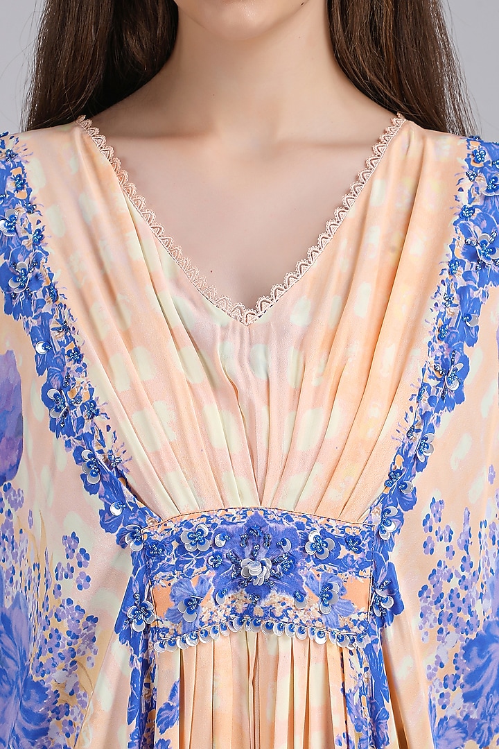 Ivory & Purple Viscose Crepe Floral Embroidered Kaftan by Mandira Wirk - Resort at Pernia's Pop Up Shop