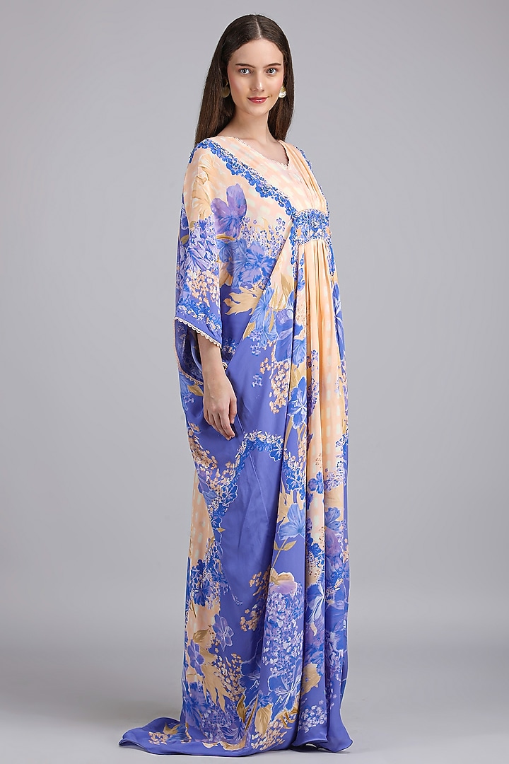 Ivory & Purple Viscose Crepe Floral Embroidered Kaftan by Mandira Wirk - Resort at Pernia's Pop Up Shop