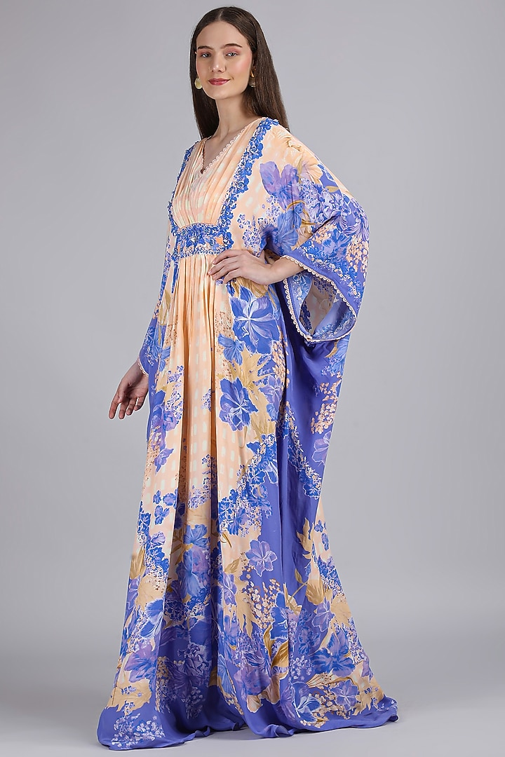 Ivory & Purple Viscose Crepe Floral Embroidered Kaftan by Mandira Wirk - Resort at Pernia's Pop Up Shop