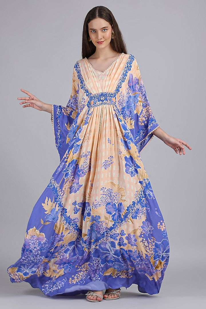 Ivory & Purple Viscose Crepe Floral Embroidered Kaftan by Mandira Wirk - Resort at Pernia's Pop Up Shop