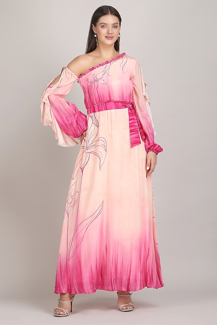 Pink Viscose Crepe One-Shoulder Maxi Vacation Dress by Mandira Wirk - Resort at Pernia's Pop Up Shop