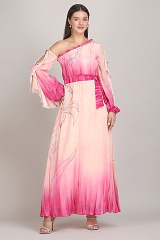 Pink Viscose Crepe One-Shoulder Maxi Dress by Mandira Wirk - Resort