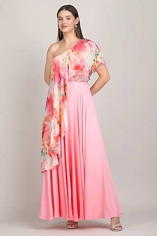 Pink Ombre Viscose Crepe One-Shoulder Dress by Mandira Wirk - Resort