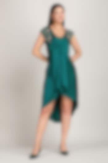 Green Armani Satin Embroidered High-Low Mini Vacation Dress by Mandira Wirk - Resort at Pernia's Pop Up Shop