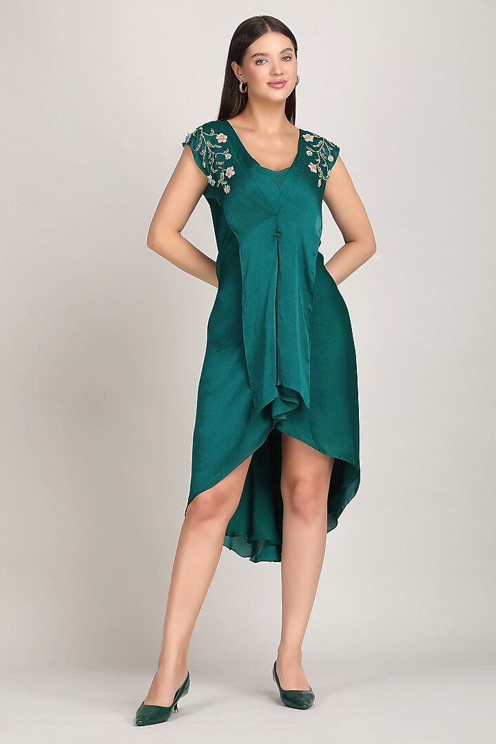 Green Armani Satin Embroidered High-Low Mini Vacation Dress by Mandira Wirk - Resort at Pernia's Pop Up Shop