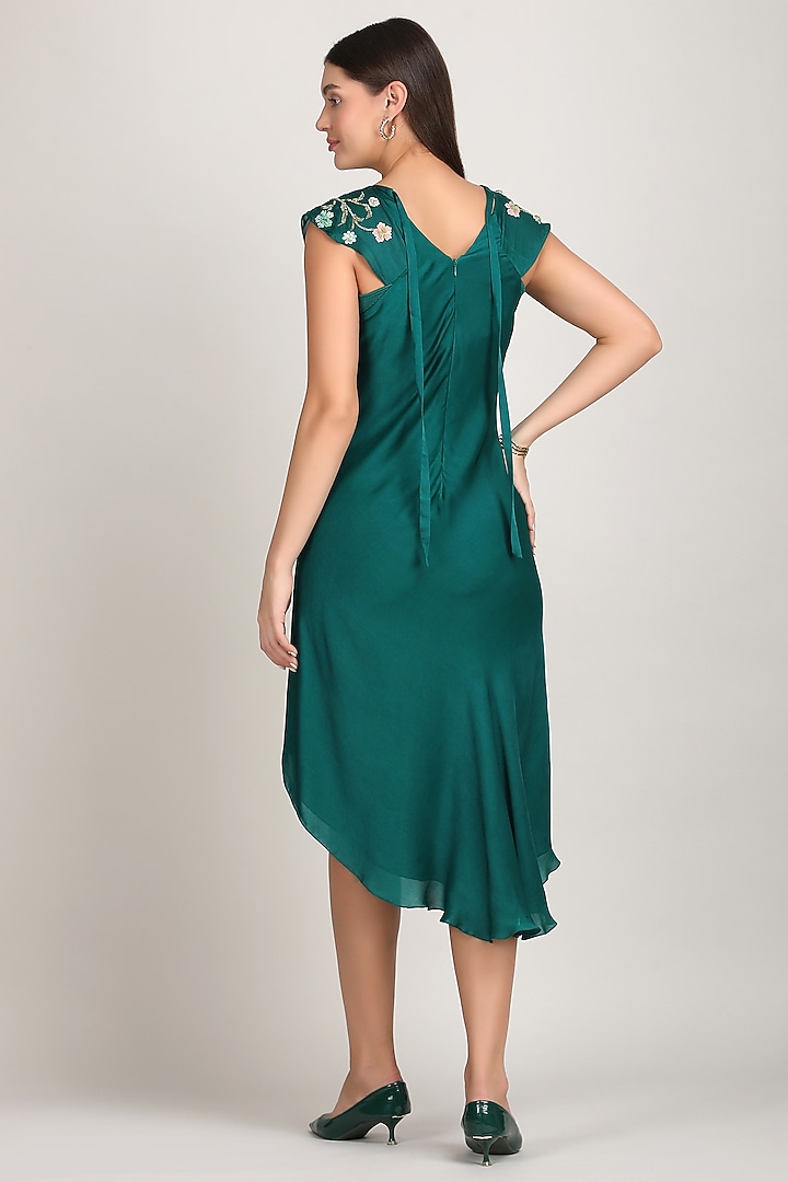 Green Armani Satin Embroidered High-Low Mini Vacation Dress by Mandira Wirk - Resort at Pernia's Pop Up Shop