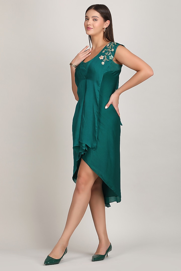 Green Armani Satin Embroidered High-Low Mini Vacation Dress by Mandira Wirk - Resort at Pernia's Pop Up Shop