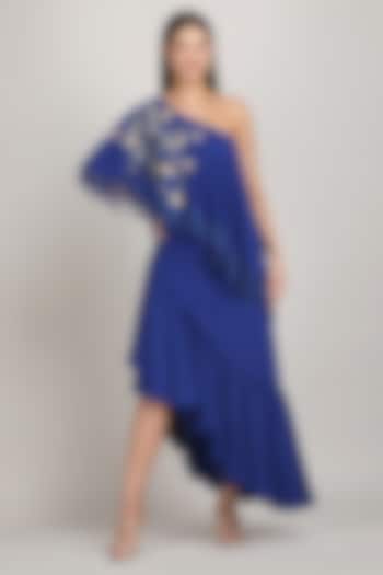 Blue Viscose Crepe High-Low One-Shoulder Maxi Vacation Dress by Mandira Wirk - Resort at Pernia's Pop Up Shop