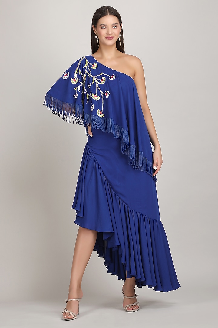 Blue Viscose Crepe High-Low One-Shoulder Maxi Vacation Dress by Mandira Wirk - Resort at Pernia's Pop Up Shop