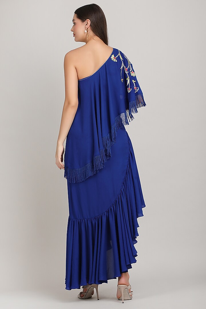 Blue Viscose Crepe High-Low One-Shoulder Maxi Vacation Dress by Mandira Wirk - Resort at Pernia's Pop Up Shop