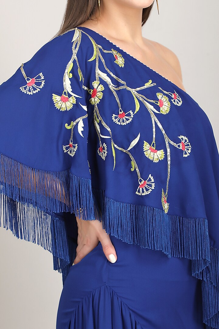 Blue Viscose Crepe High-Low One-Shoulder Maxi Vacation Dress by Mandira Wirk - Resort at Pernia's Pop Up Shop