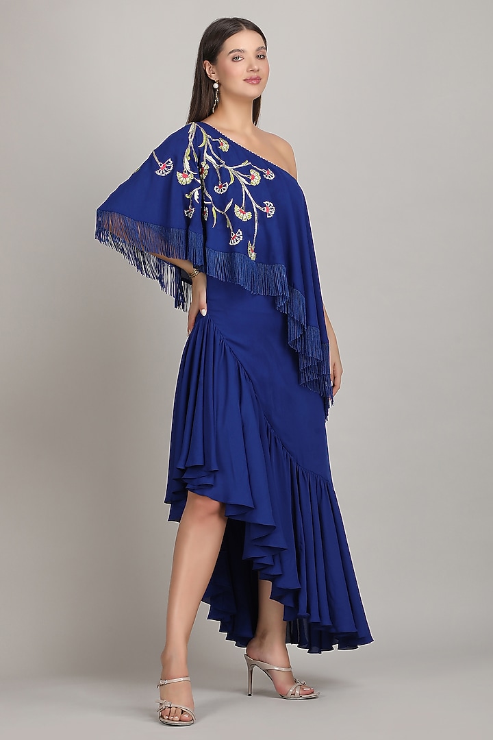 Blue Viscose Crepe High-Low One-Shoulder Maxi Vacation Dress by Mandira Wirk - Resort at Pernia's Pop Up Shop