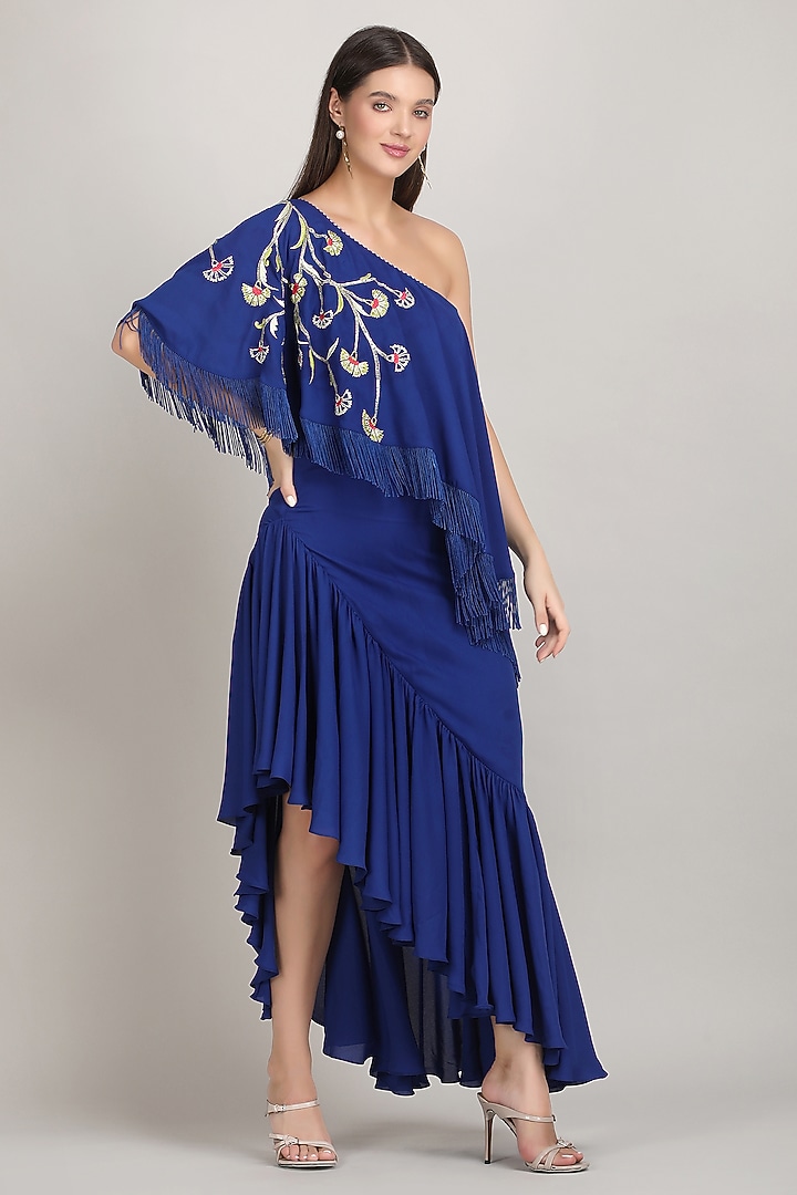 Blue Viscose Crepe High-Low One-Shoulder Maxi Vacation Dress by Mandira Wirk - Resort at Pernia's Pop Up Shop