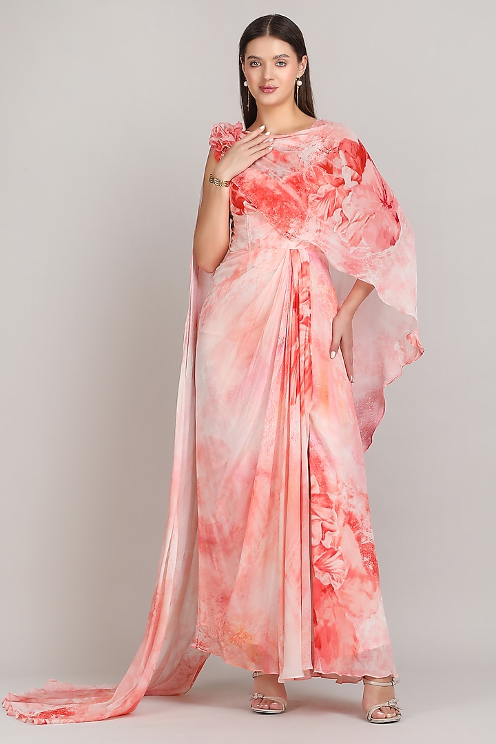Red Viscose Chiffon Floral Printed Corset Maxi Cocktail Dress by Mandira Wirk - Resort at Pernia's Pop Up Shop
