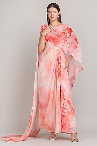 Red Viscose Chiffon Floral Printed Corset Maxi Dress by Mandira Wirk - Resort