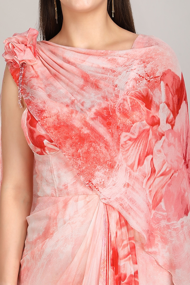Red Viscose Chiffon Floral Printed Corset Maxi Cocktail Dress by Mandira Wirk - Resort at Pernia's Pop Up Shop