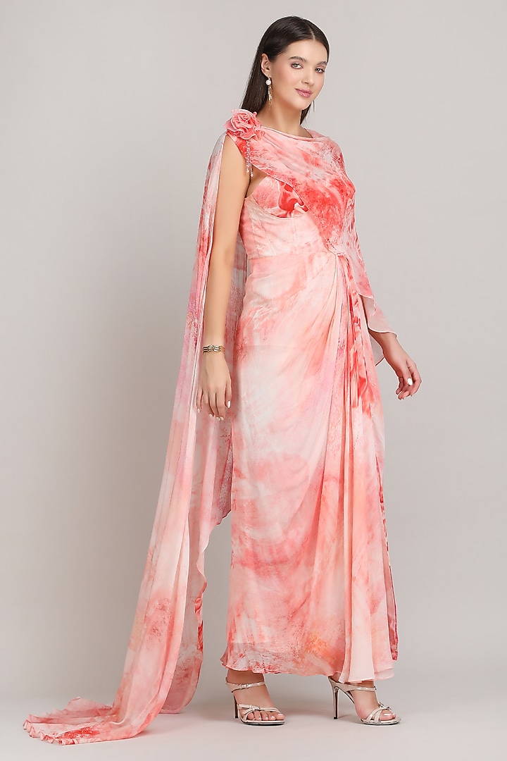 Red Viscose Chiffon Floral Printed Corset Maxi Cocktail Dress by Mandira Wirk - Resort at Pernia's Pop Up Shop